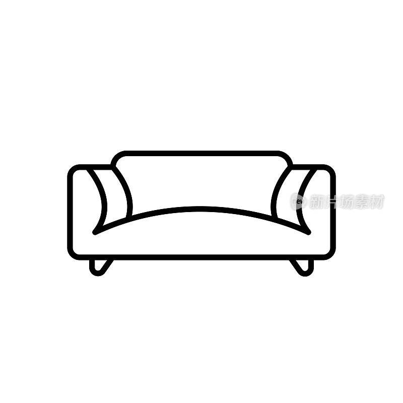 简单的现代长沙发黑色轮廓图标。起居室的软垫家具。时髦的平面孤立的符号，符号用于:插图，标志，应用程序，设计，网页，开发，ui, gui。向量EPS 10